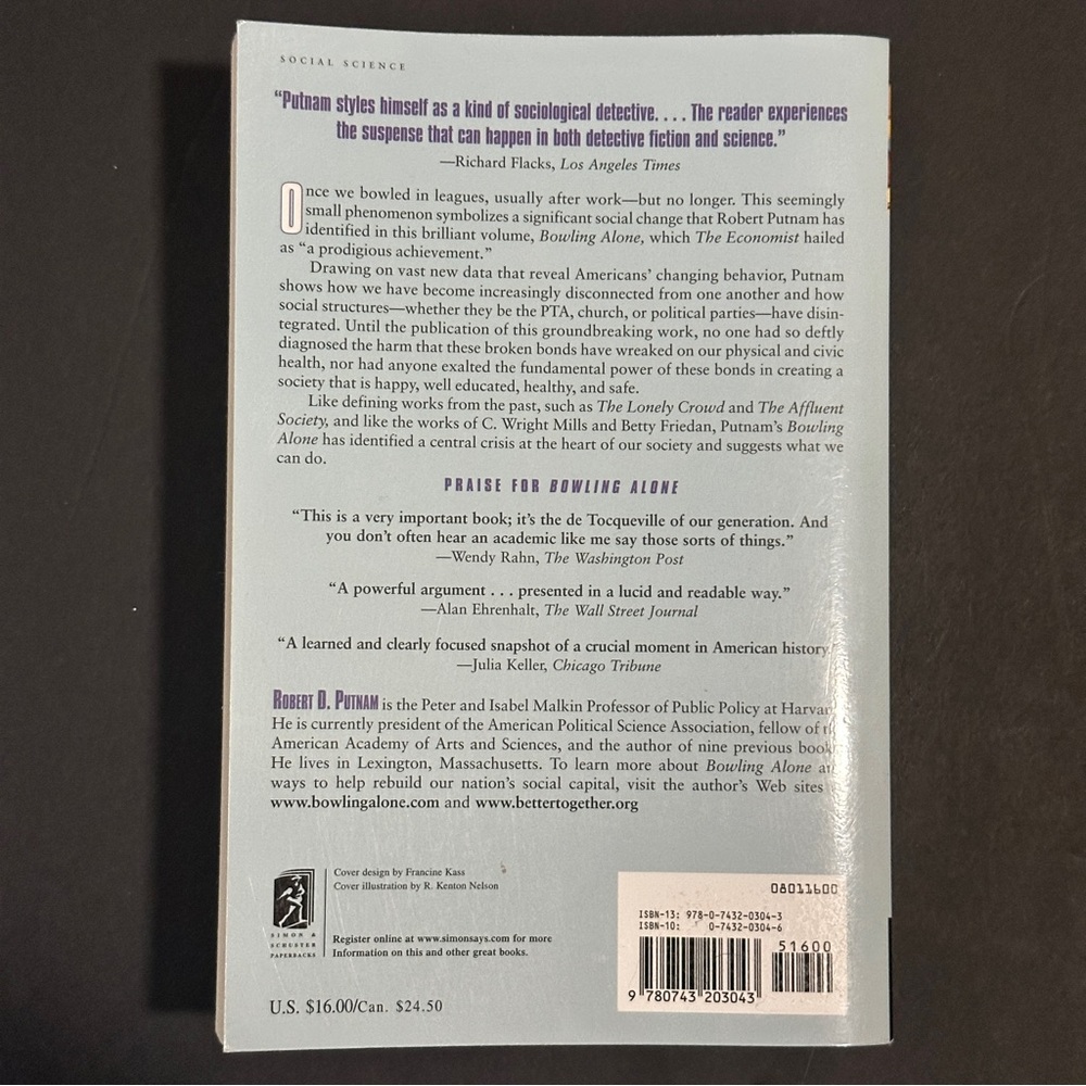 Bowling Alone by Robert D. Putnam | Sociology, Political Theory |Paperback Book - Picture 2 of 10